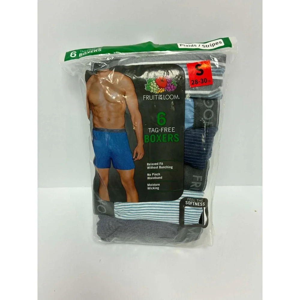 Fruit of the Loom Men's Boxers 6 Pack Size Small 28-30 Tag-Free Plaid Stripe